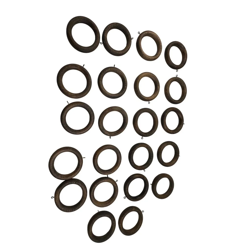 Vintage Dark Brown Wood Curtain Rings with Eyelets Set of 22 Rustic Decor 4.5in